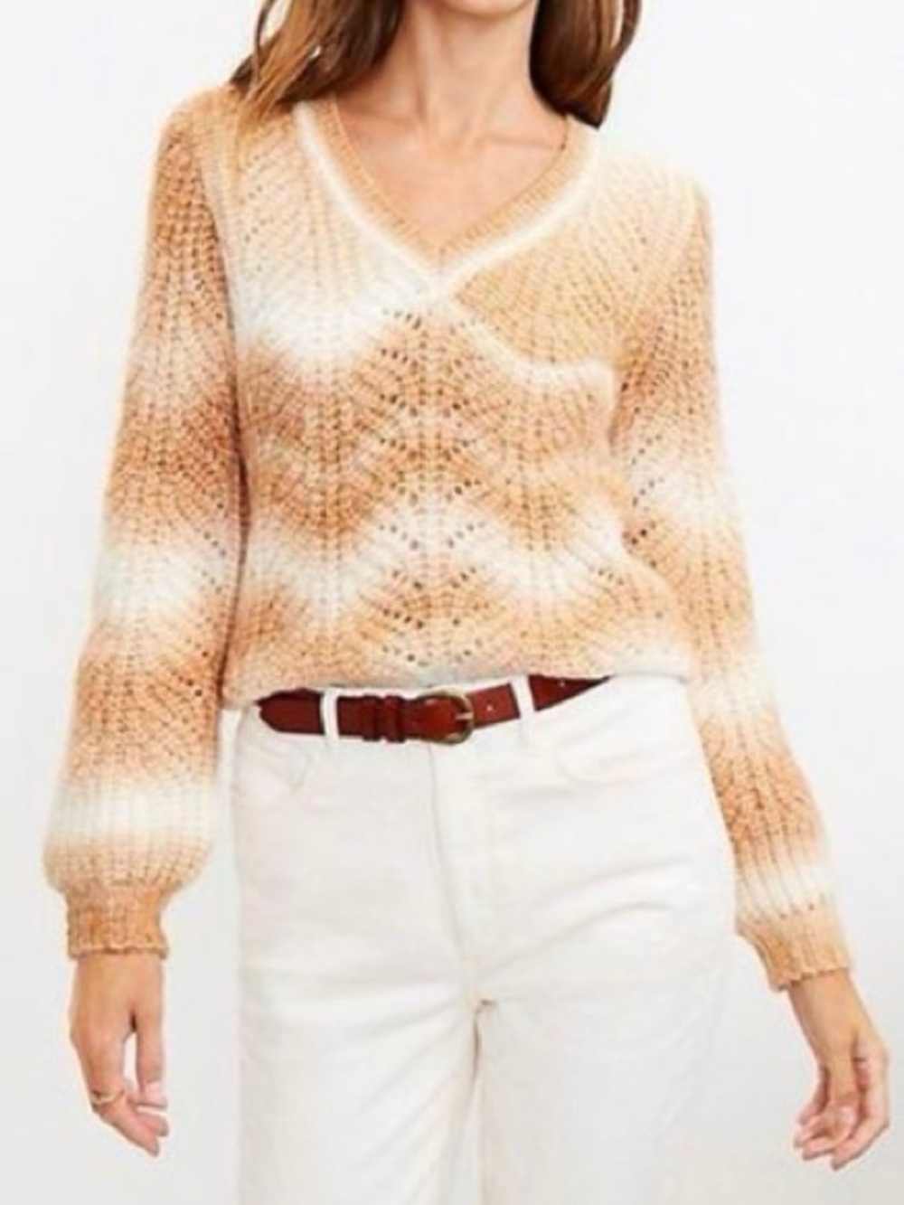 LOFT Tan and Cream Ombre V-Neck Knit Sweater